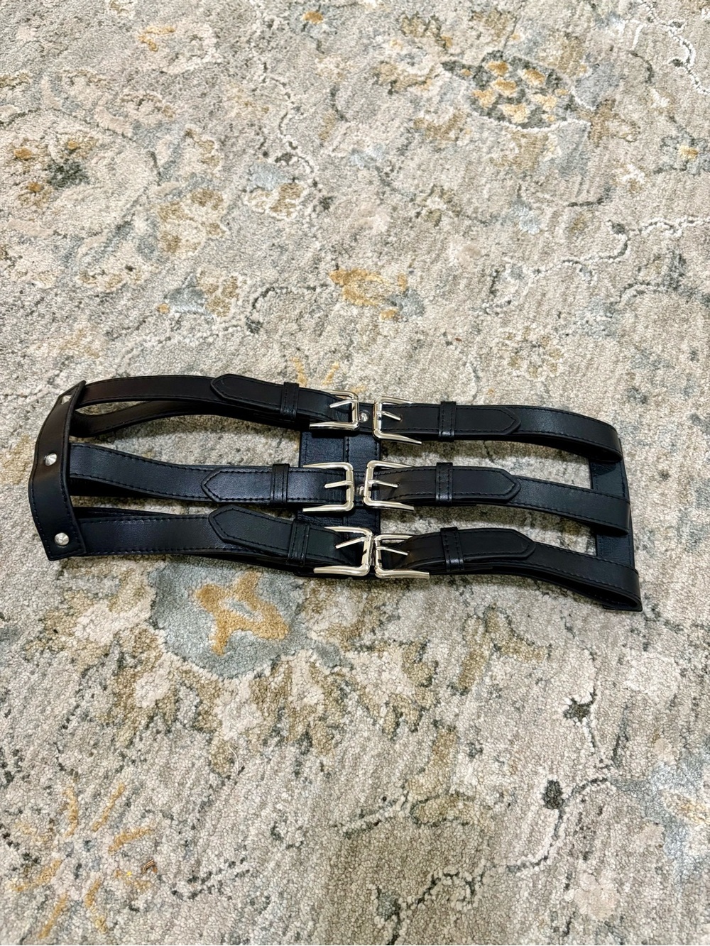 Black Triple-Buckle Leather Waist Belt for Women